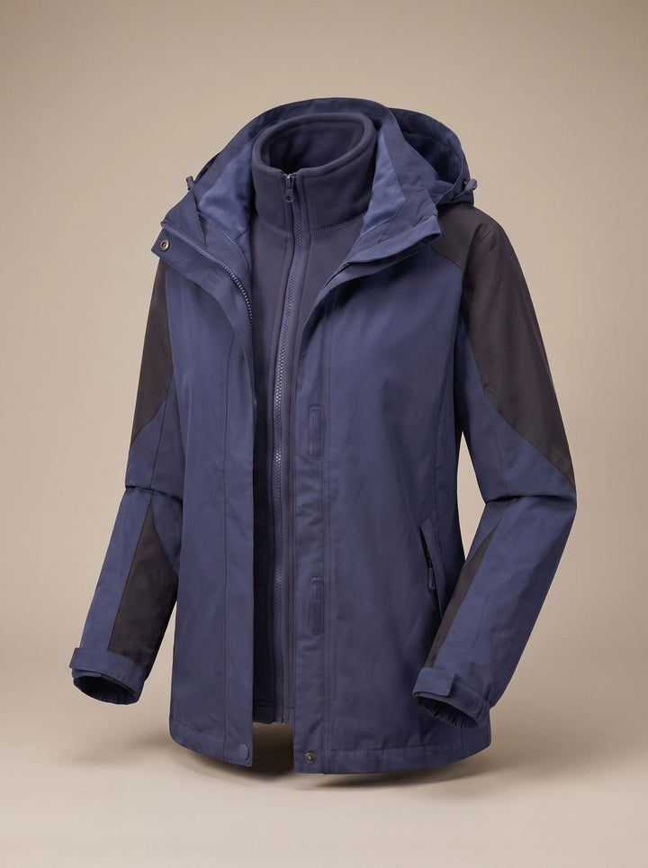 Navy and charcoal colour-block hooded jacket displayed with detachable fleece inner