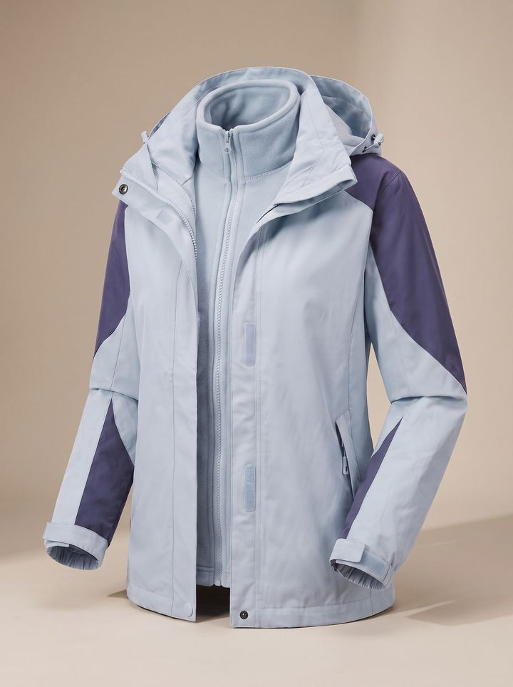 Sky blue and navy colour-block 3-in-1 jacket displayed with zip-out fleece liner