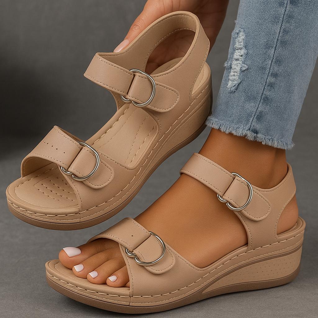 Beige wedge sandals with double buckle straps and comfort footbed