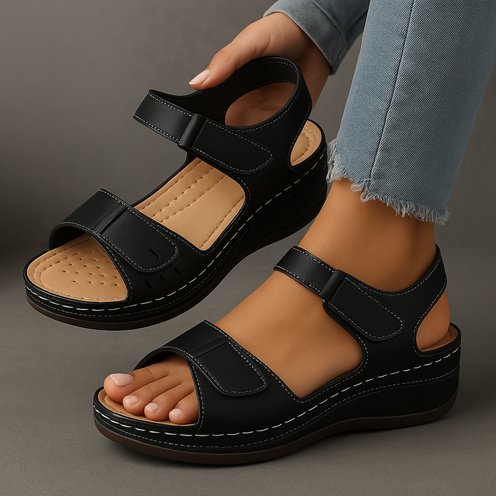Black orthopedic wedge sandals with adjustable straps and open toe
