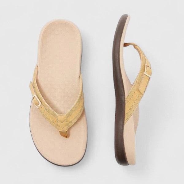 Mustard yellow leather thong sandals with adjustable buckle strap