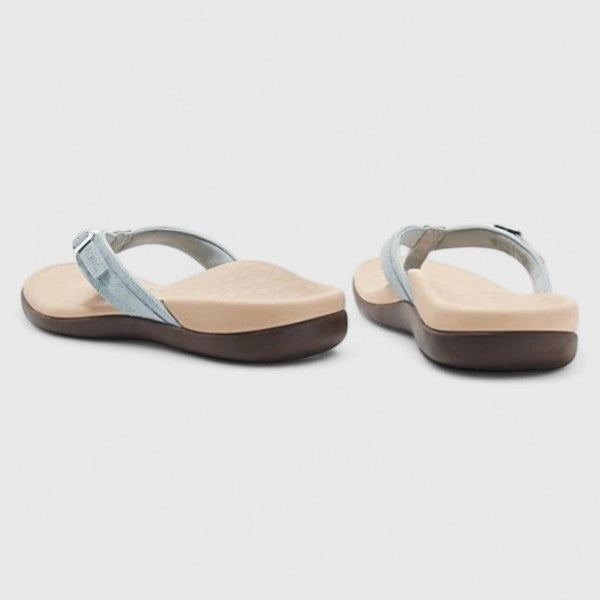 Rear view of light blue thong sandals showing heel strap and sole