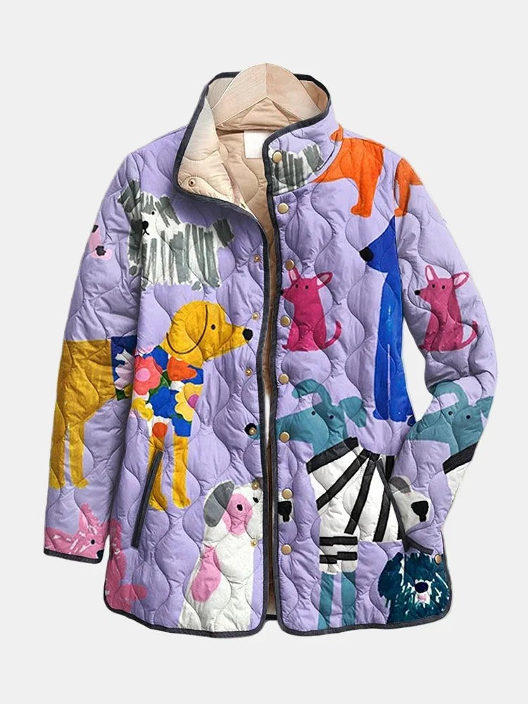 Lilac quilted puffer jacket featuring colourful dog print and stand collar