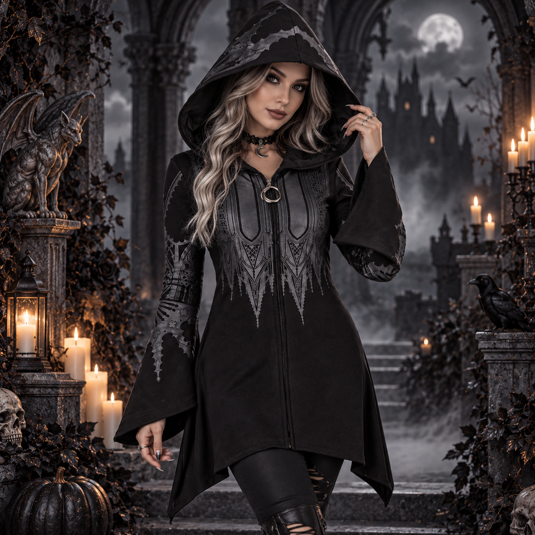 woman wears black gothic hooded dress with bell sleeves near candlelit archway