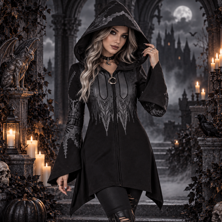 woman wears black gothic hooded dress with bell sleeves near candlelit archway