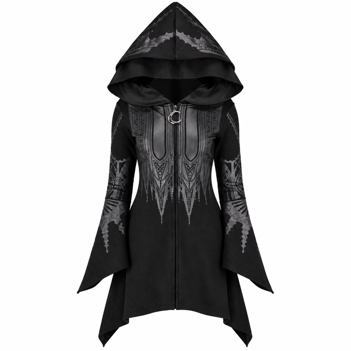 black gothic hooded dress with bell sleeves and asymmetric handkerchief hem, front view