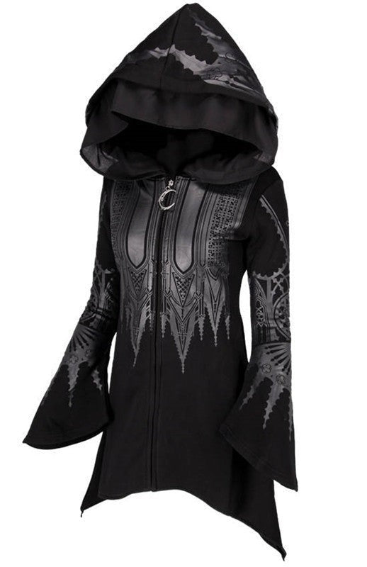 close-up front view of black hooded dress with gothic print and moon zipper pull