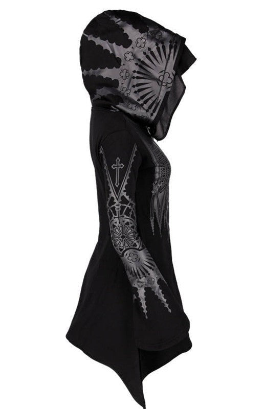 side view of black bell-sleeve hoodie dress showing gothic cross sleeve print