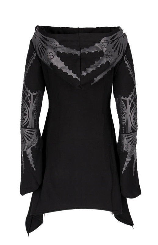 back view of black gothic hooded dress with asymmetric hem and printed sleeves