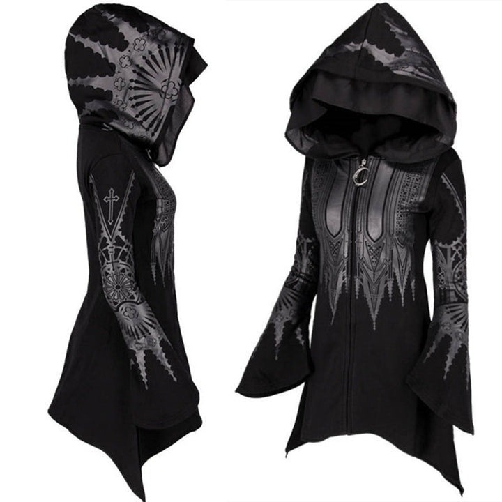 side-by-side views of black hooded bell-sleeve dress with gothic sleeve graphics