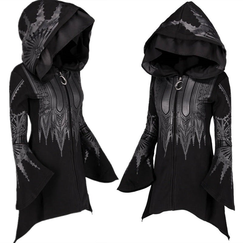 front and side views of black zip-up gothic hoodie dress with pointed hood