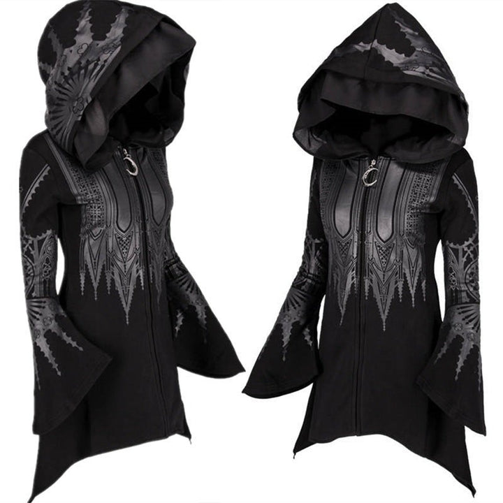front and side views of black zip-up gothic hoodie dress with pointed hood