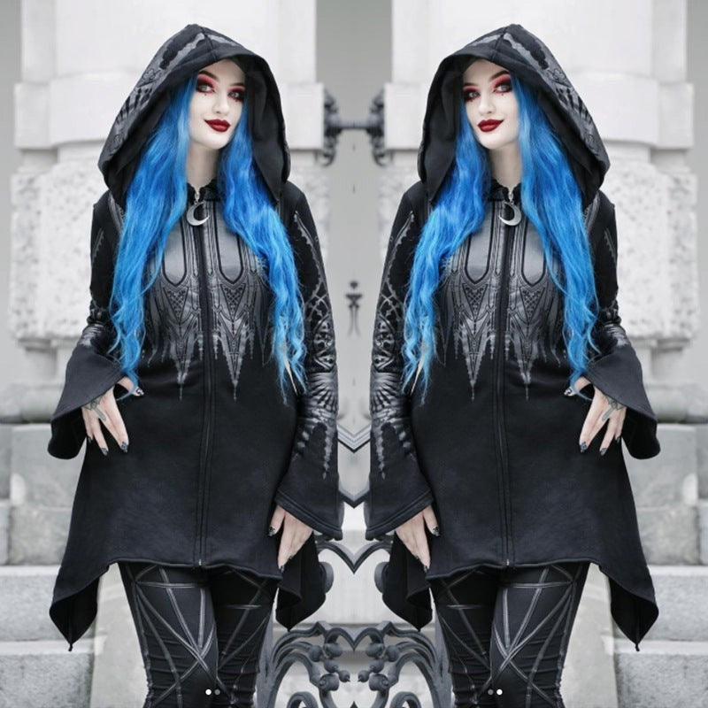 model with blue hair wears black gothic hooded dress with bell sleeves outdoors