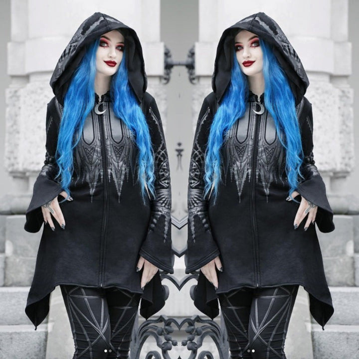 model with blue hair wears black gothic hooded dress with bell sleeves outdoors