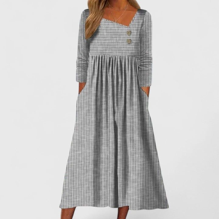 Gray striped long-sleeve midi dress with asymmetric neckline and button detail