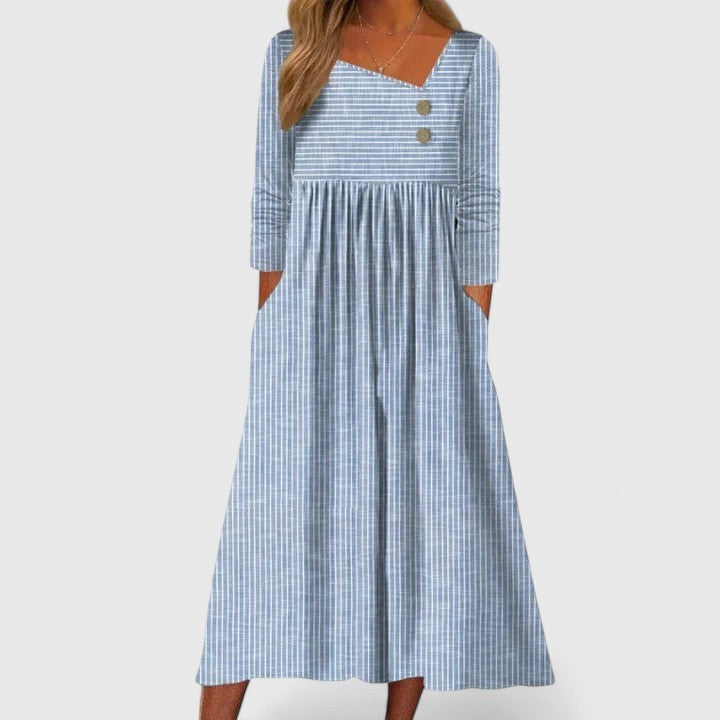Blue striped long-sleeve midi dress with pockets and asymmetric collar