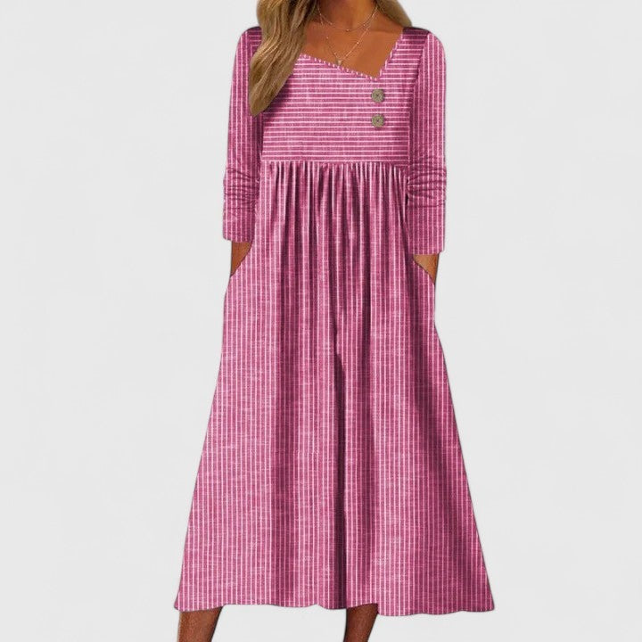 Pink striped midi dress with long sleeves and button-trimmed neckline