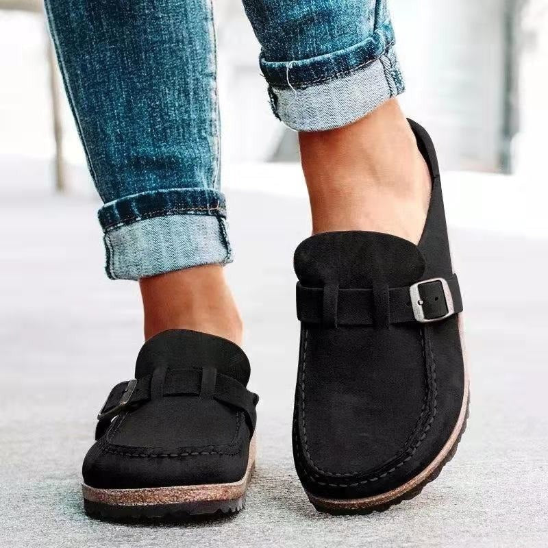 black suede slip-on mule loafer with buckle accent