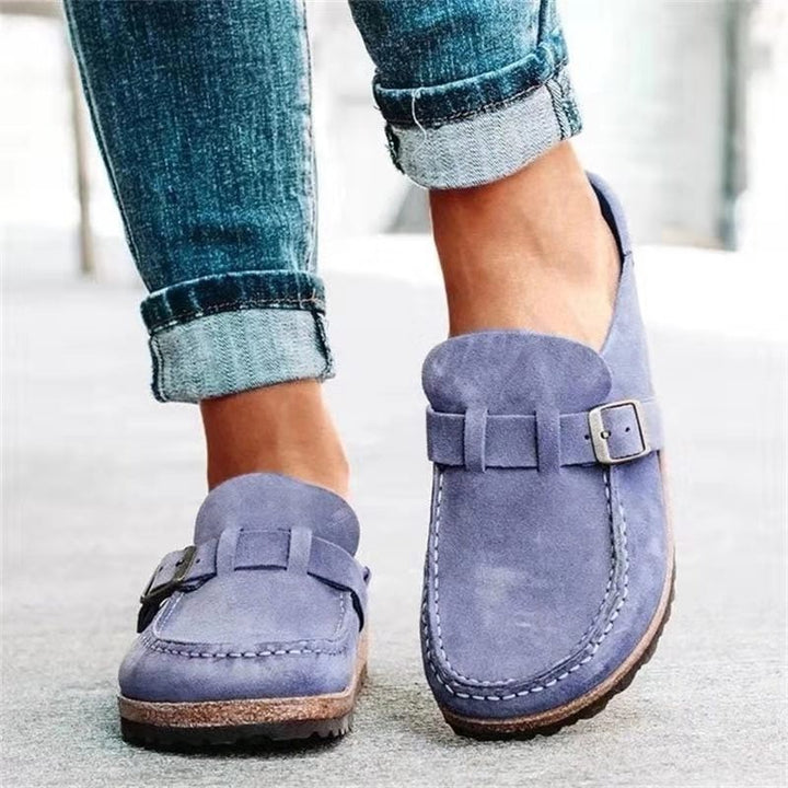 dusty blue suede clog loafer featuring adjustable buckle strap