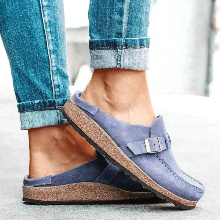 denim blue suede clog loafer with contrast cork platform sole