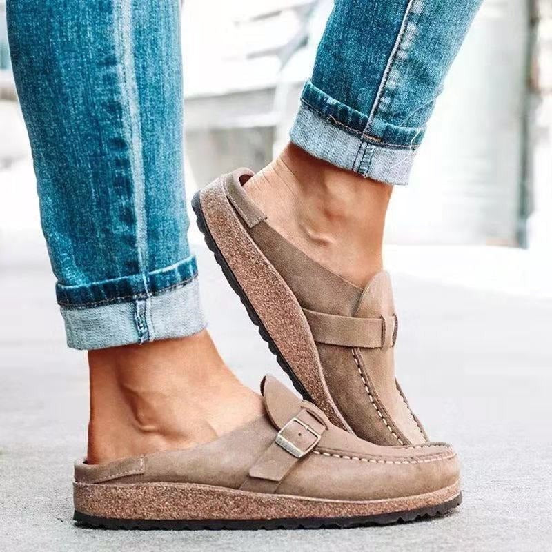 khaki suede slip-on loafer with buckle strap and cork sole