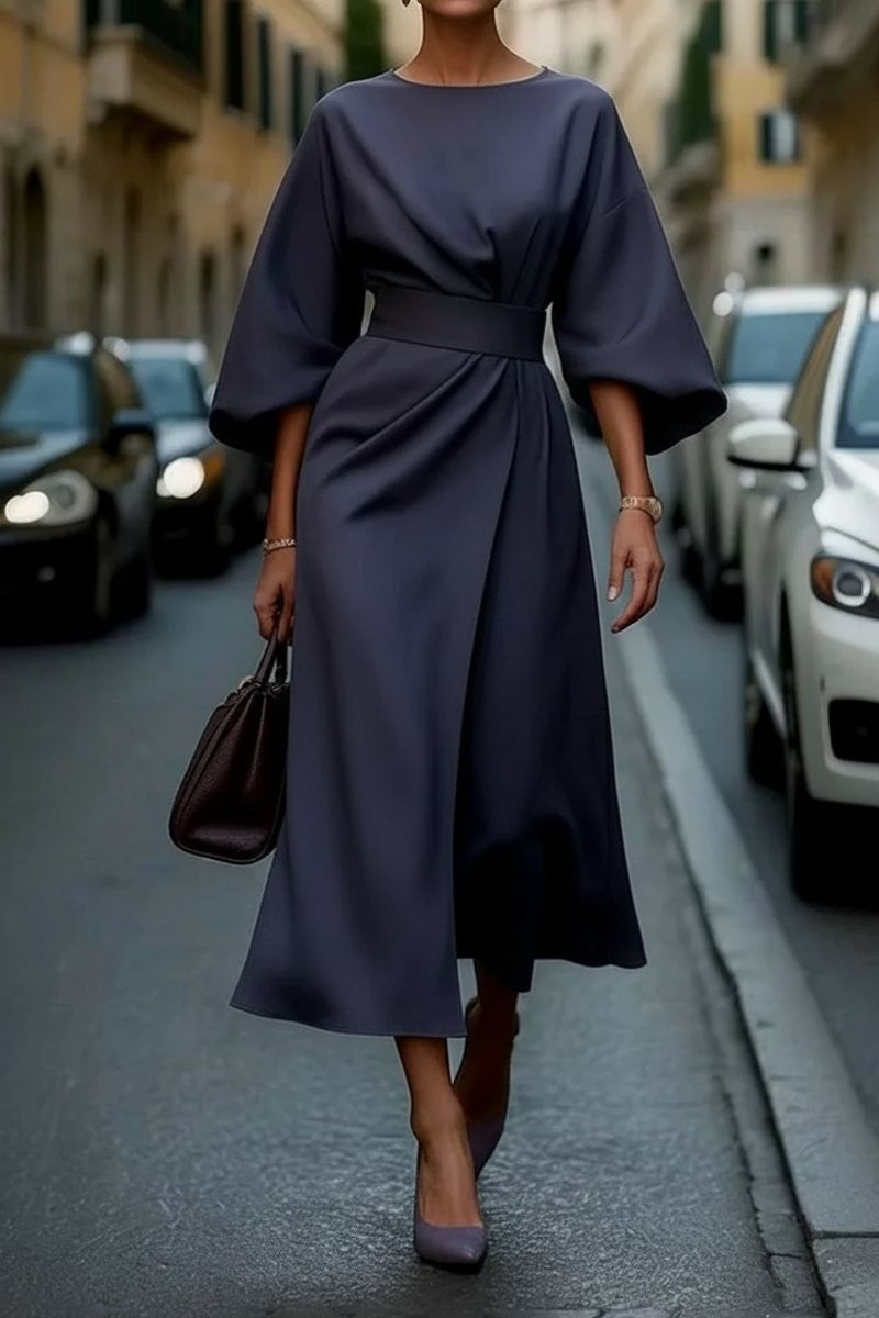 Navy blue lantern-sleeve midi dress with fitted waist tie