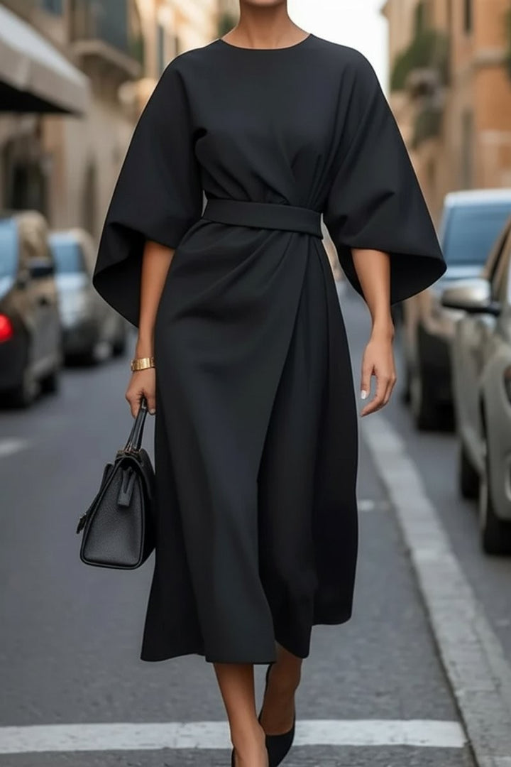 Black lantern-sleeve midi dress with waist-cinching belt detail