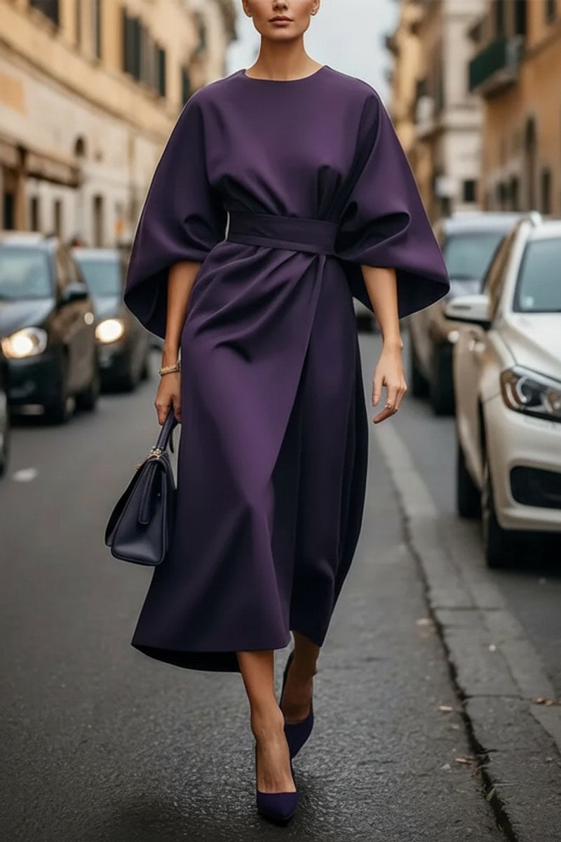 Plum-toned midi dress with voluminous sleeves and belted waist