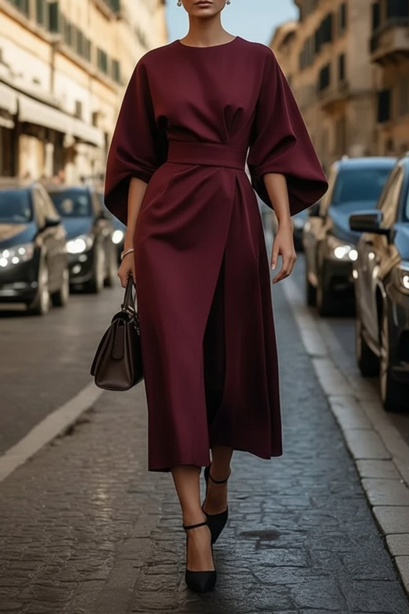 Burgundy lantern-sleeve midi dress with wrap-style skirt and belt