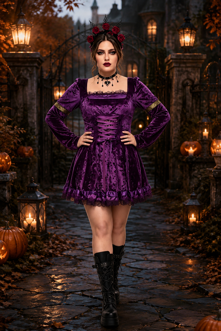 purple velvet corset-style mini dress with lace trim and bell sleeves