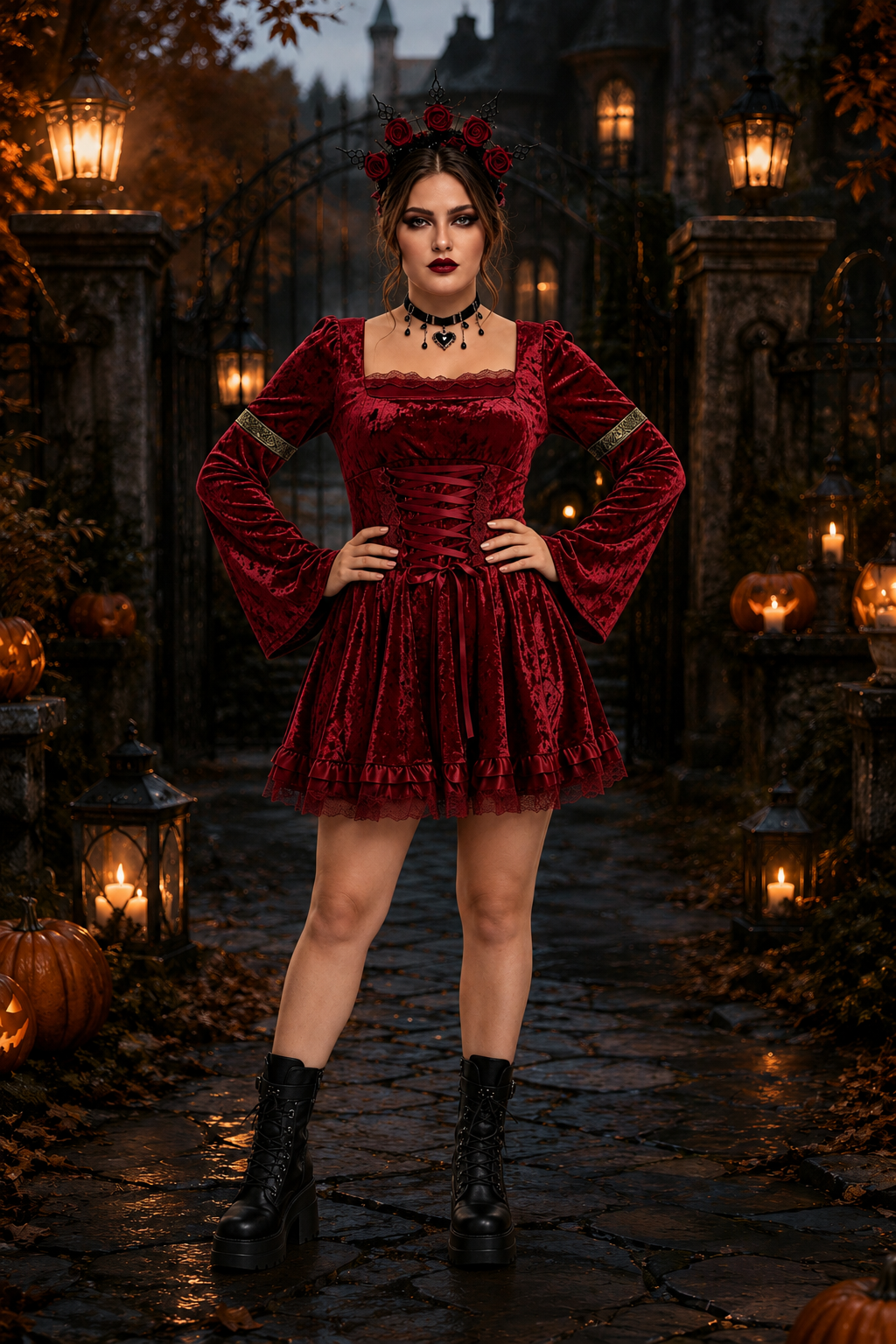 burgundy velvet bell-sleeve dress featuring lace-up corset waist detail