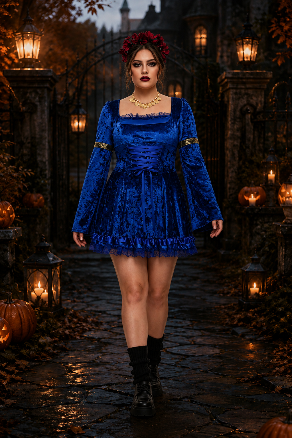 royal blue velvet gothic mini dress with square neckline and lace hem