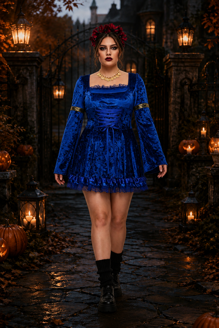 royal blue velvet gothic mini dress with square neckline and lace hem