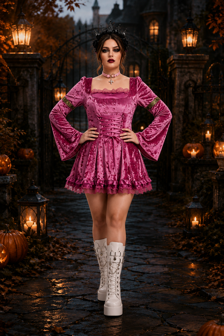 pink velvet corset-waist mini dress paired with white lace-up platform boots