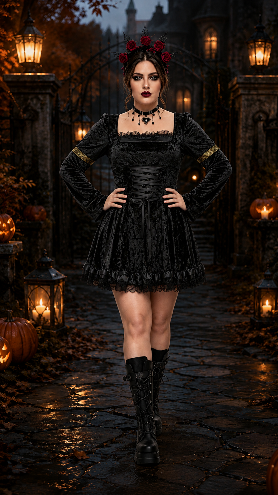 black velvet gothic mini dress with lace trim and corset lacing detail