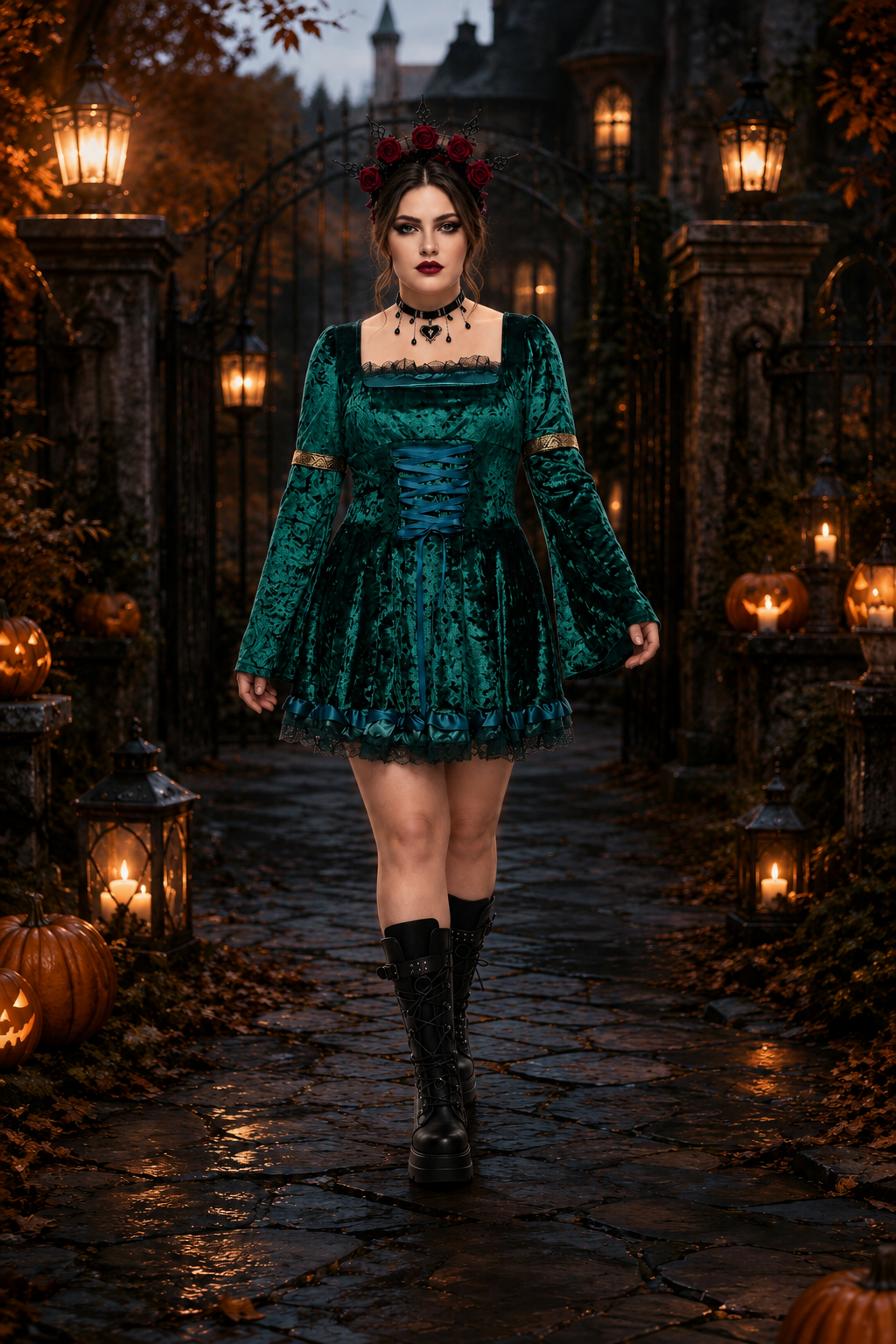 emerald green velvet dress with contrasting blue corset lacing and lace hem