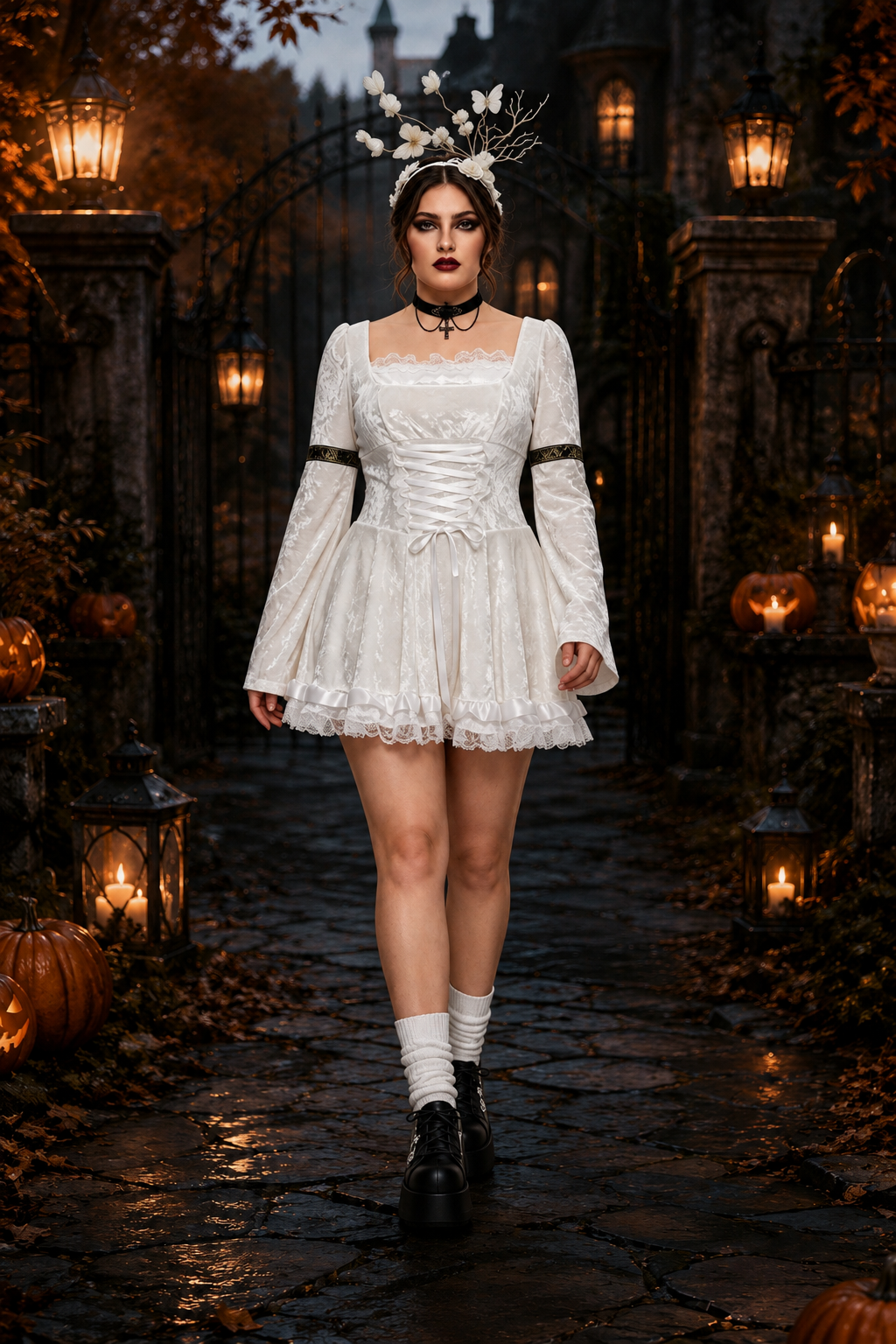 white lace bell-sleeve mini dress with corset waist and satin ruffle trim