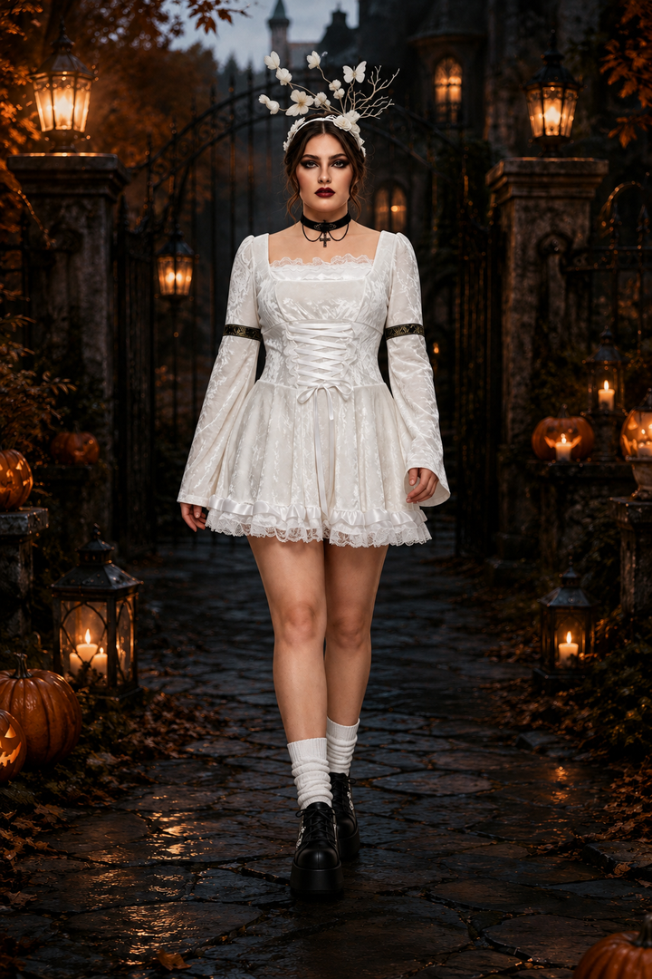 white lace bell-sleeve mini dress with corset waist and satin ruffle trim