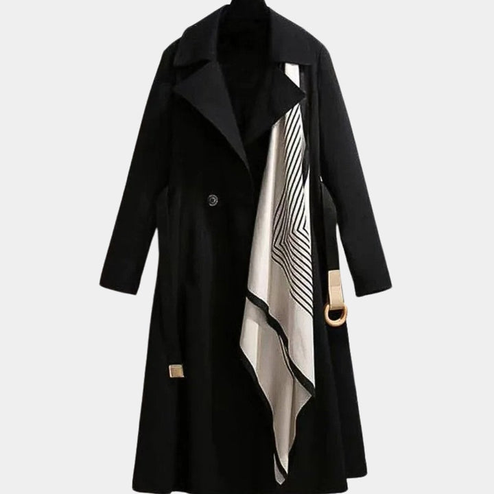 Black belted trench coat with striped scarf detail and gold buckle fastening