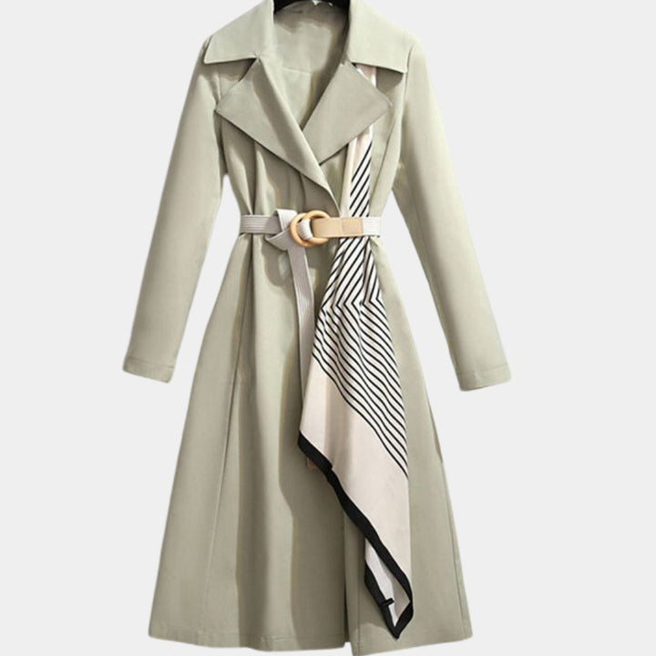 Sage green belted trench coat featuring monochrome scarf panel and tie waist