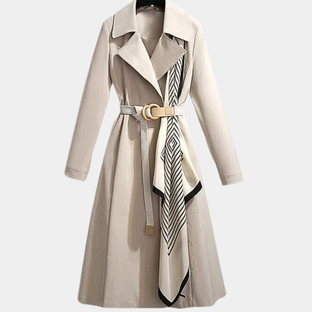 Beige belted trench coat with striped scarf insert and contrast gold buckle