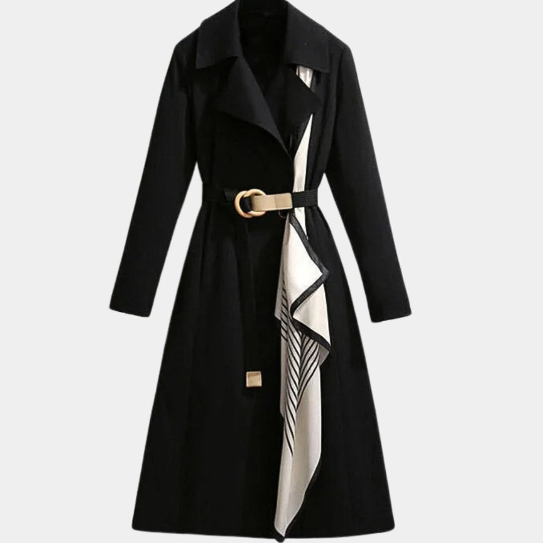 Black belted midi trench coat with notched lapel and striped scarf trim