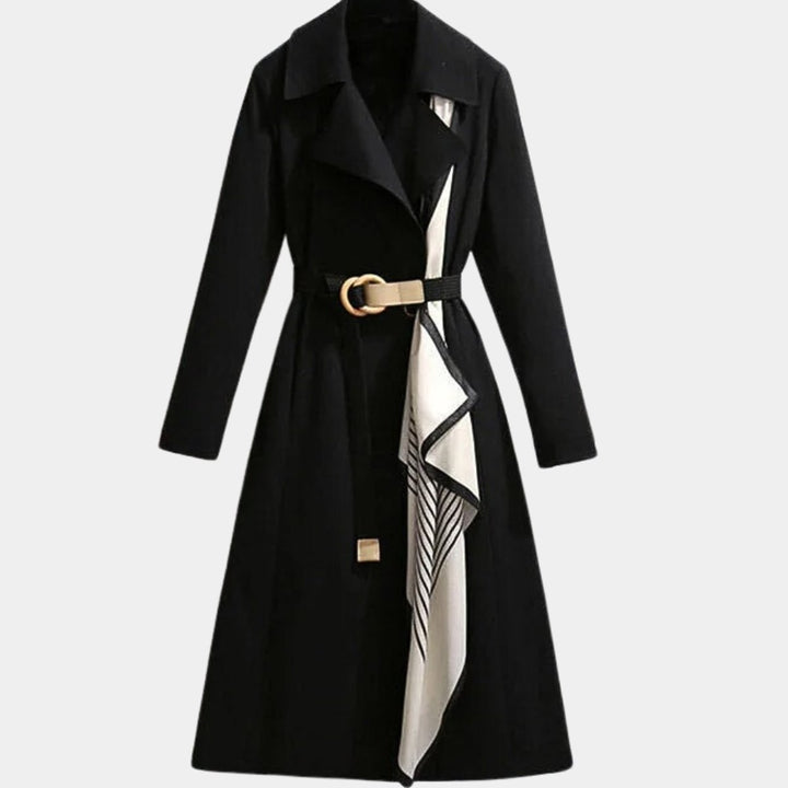 Black belted midi trench coat with notched lapel and striped scarf trim