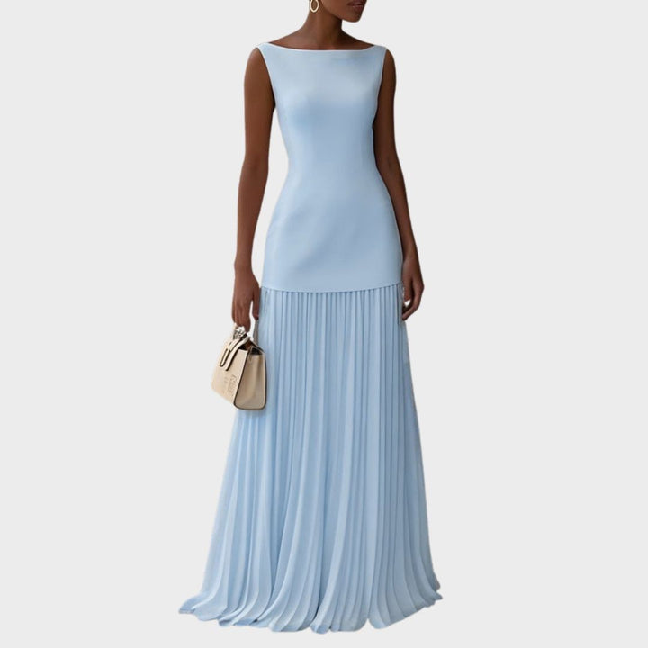 Light blue sleeveless maxi dress with boat neckline and pleated flowing skirt