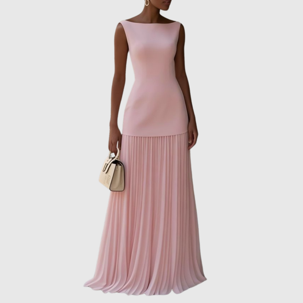 Blush pink sleeveless gown featuring fitted bodice and pleated maxi skirt