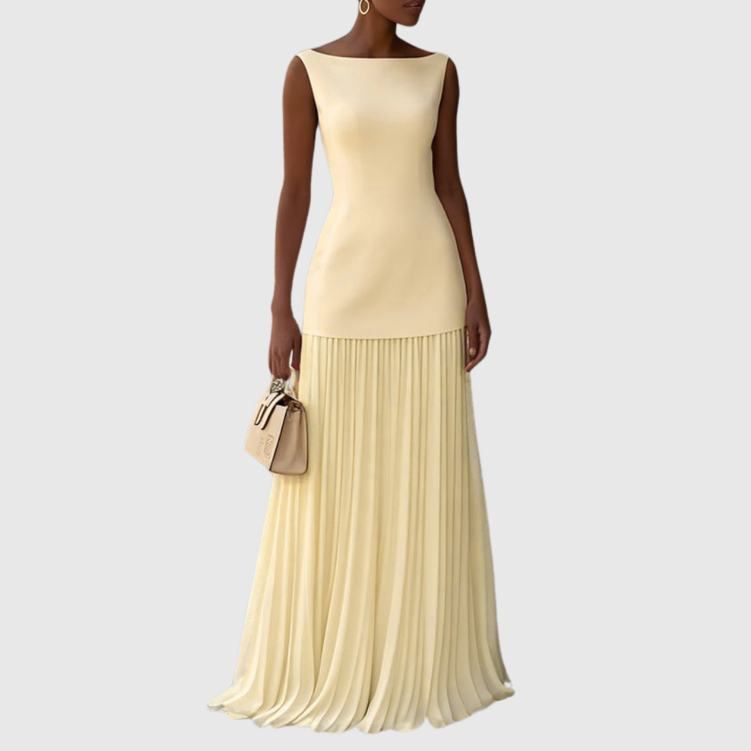 Pale yellow sleeveless maxi dress with pleated skirt and boat neck