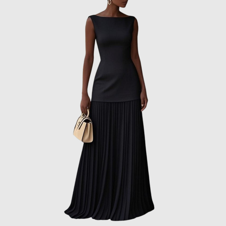 Black sleeveless evening gown with fitted bodice and pleated maxi skirt