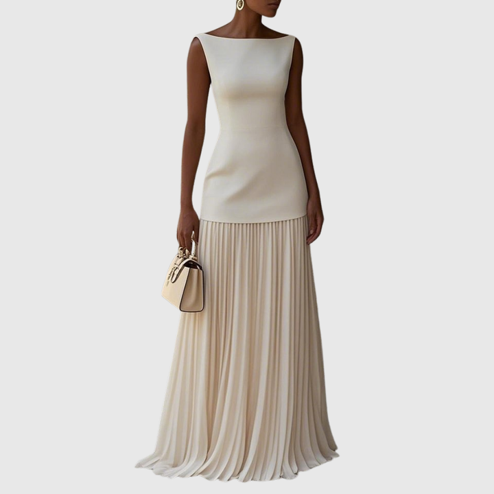 Ivory sleeveless maxi dress with pleated skirt and boat neckline
