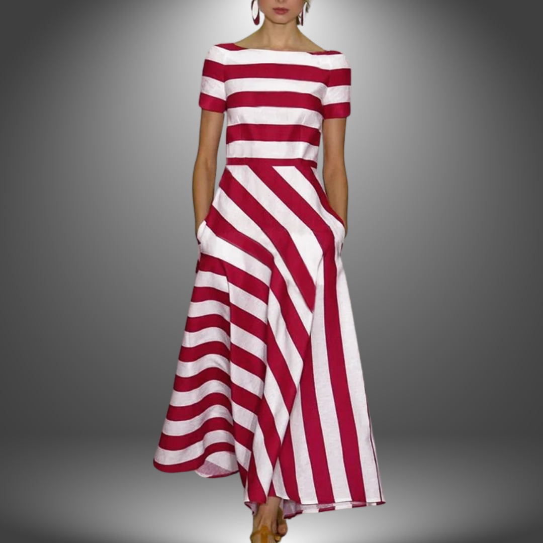 Red and white striped maxi dress with short sleeves and flowing asymmetric skirt