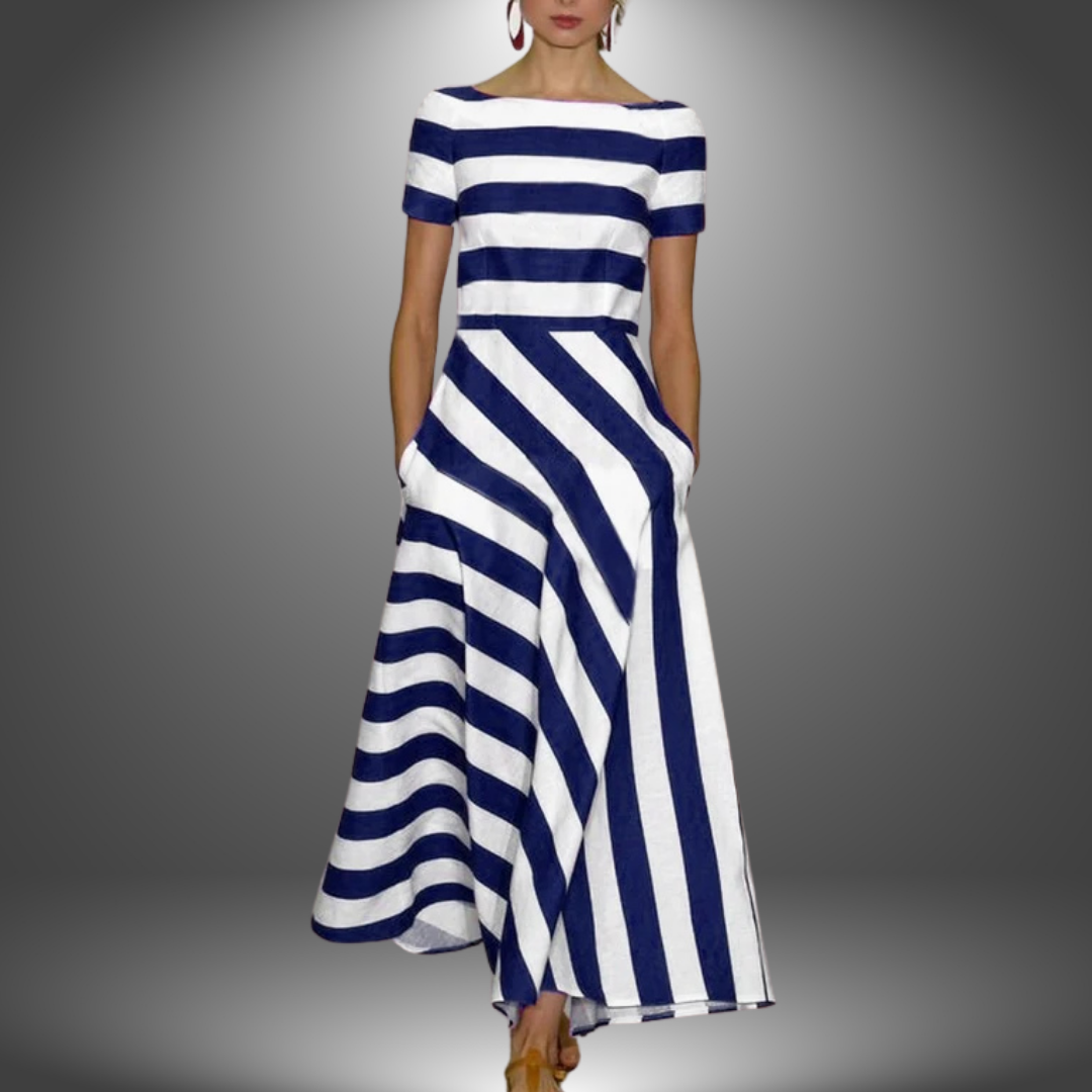 Navy and white striped maxi dress with short sleeves and diagonal asymmetric hem